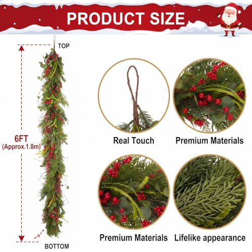 6FT Norfolk Pine Christmas Garland with Eucalyptus Red Berries - TAPBUY Christmas Garland (Variation: Christmas Garland) Indoor Holiday Decor