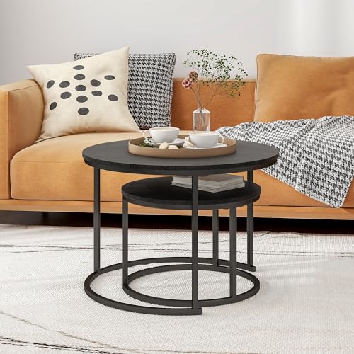 Round Nesting Coffee Table Set of 2, Wood and Metal Stackable Side Tables