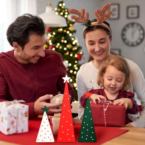 KINYFY 3-Pc Wooden Christmas Trees – Mini Tiered Tabletop Decor, Double-Sided Centerpieces (Xmas Tree) Set