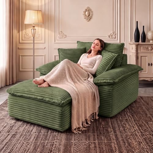 Oversized Corduroy Chaise Lounge Sofa with Ottoman and 3 Pillows