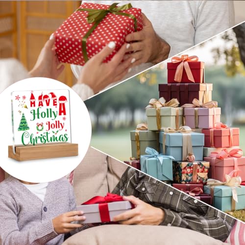 AKFVNSFK Holly Acrylic Desk Sign 4x4 in with Wooden Base – Red & Green Christmas Decor