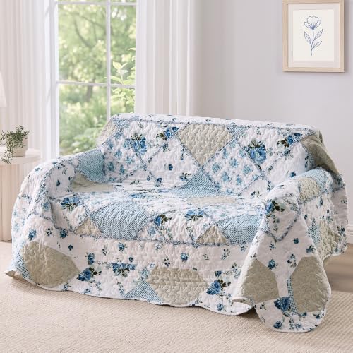 Twin Size Blue Floral Patchwork Quilt - Reversible Throw Blanket