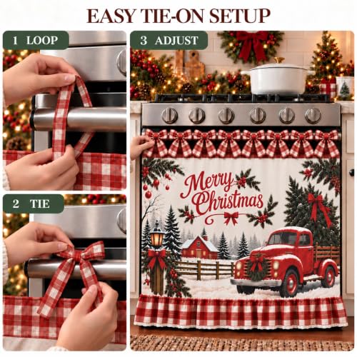Xagahb Red Truck Christmas Oven Skirt Curtain with Tie Top Farmhouse Decor