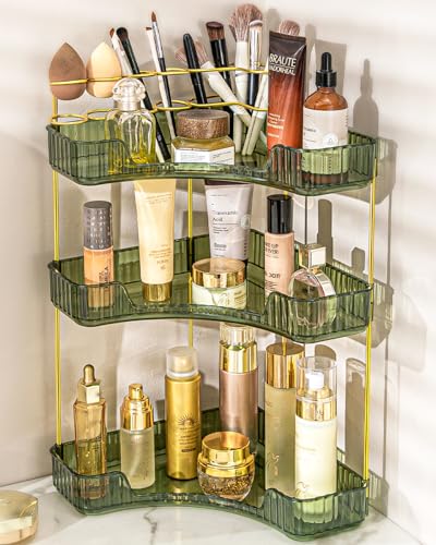 Green 3-Tier Corner Makeup Organizer with Brush Holder - Bathroom Storage