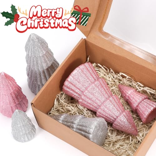6-Piece Pink & Silver Christmas Tree Set – Tabletop Table Decor, 3 Sizes