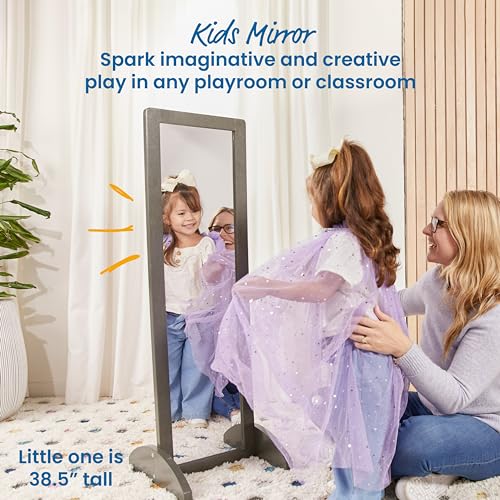 Wooden Bi-Directional Floor Mirror for Kids, Grey Wash Montessori Mirror