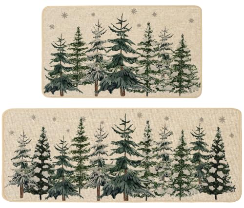 Baccessor Christmas Snowy Trees Kitchen Rugs Set of 2 17x29 & 17x47 Snow Forest