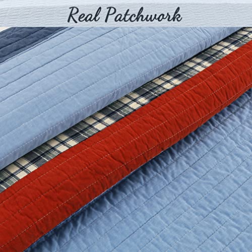 Navy Blue and Red Striped 100% Cotton Queen Quilt Bedding Set - 3 Piece