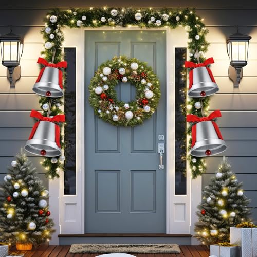 MorningRo Silver 8+6.5in Large Christmas Bells Set for Holiday Decor - Outdoor & Indoor Xmas Ornaments