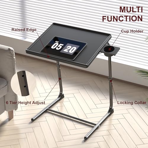 IWDOO Black Adjustable TV Tray Table with Cup Holder, Folding Couch & Bed Desk, 1 Pack