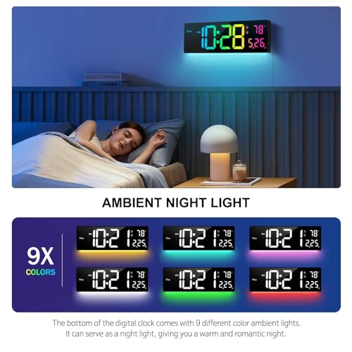 16" Large Digital Wall Clock with Remote Control - 11 RGB Colors & Night Light