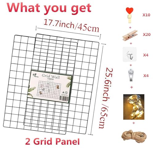 2-Pack Large Metal Wall Grid Panels with String Lights and Clips