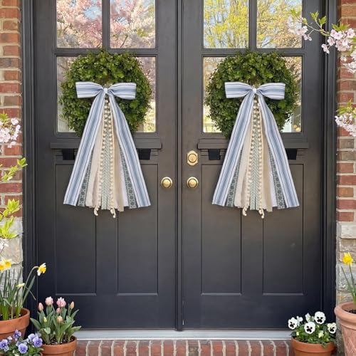 2 Pack Grayish Blue & Ivory Wreath Bows for Front Door & Tree Topper Decor