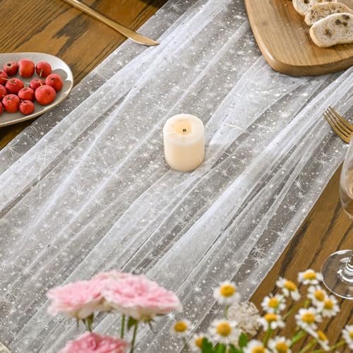 Horaldaily White Silver Star Gauze Tablecloth 60x140 Inch Rectangular Home Decor