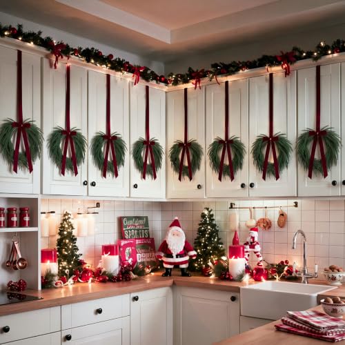 Dingion 8 Pack Mini Christmas Wreaths for Cabinets with Red Berries & Velvet Bow
