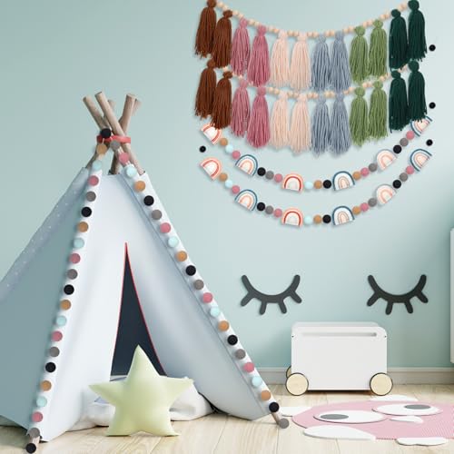 4-Piece Boho Tassel and Pom Pom Garland Set - Sage Green Wall Hanging Decor