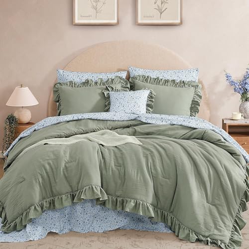 Sage Green Ruffle Queen Comforter Set - 7-Piece Floral Bed in a Bag