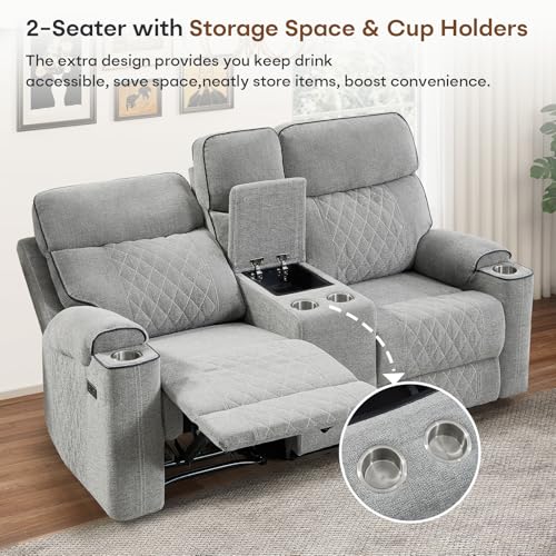 Power Reclining Loveseat Sofa with USB Charging, Cup Holders & Storage, Grey