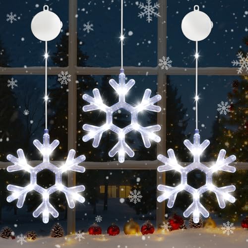 Lewondr 3-Pack Christmas Snowflake Window Lights with White LEDs & Timer