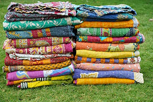 Handmade Indian Vintage Kantha Quilts - Reversible Cotton Blanket, Twin Size 85x55 Inches