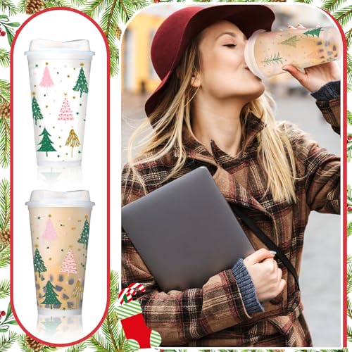 Bokon 12 Pack Clear Plastic Cups with Lids 16oz Boho Christmas Tree Design