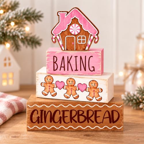Pink Gingerbread House & Man Christmas Table Decorations Set - Wooden Holiday Centerpieces