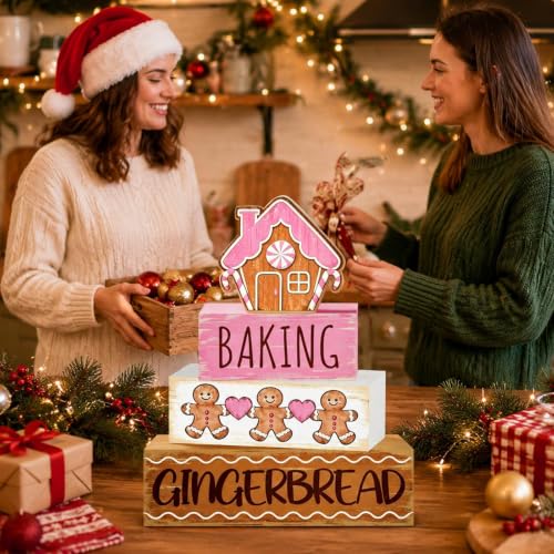 Pink Gingerbread House & Man Christmas Table Decorations Set - Wooden Holiday Centerpieces