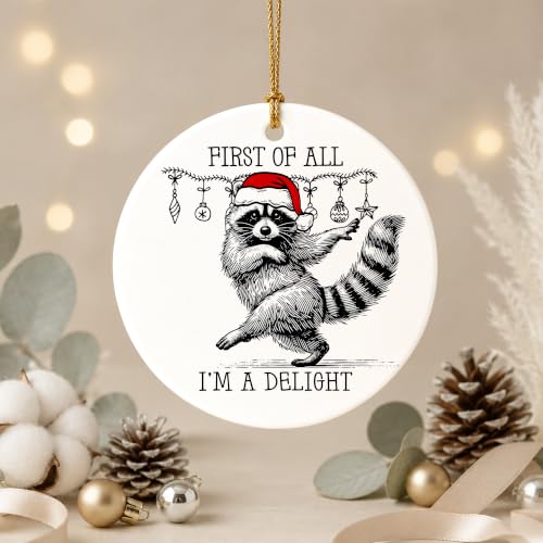Funny Raccoon Christmas Ornament - Woodland Santa Hat Ceramic Keepsake