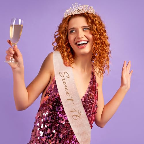 Sweet 16 Birthday Tiara and Glitter Sash Set for Girls Party Supplies