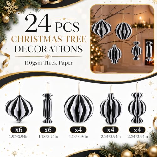 Kasyat 24 Black & White Honeycomb Christmas Ornaments, 110 GSM Paper Decoration Set