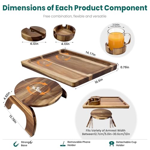 360° Rotating Acacia Wood Sofa Arm Tray with Cup Holder & Phone Stand