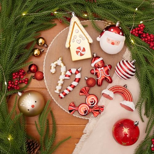 Christmas Ornament Set 80pcs Red White Gold Decorations with Variation of Red & Gold & White