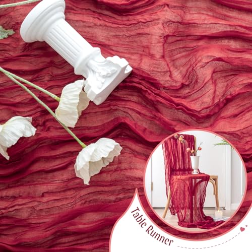 Sioloc Burgundy Red Cheesecloth Table Runner 10ft Fall Autumn Decor for Weddings & Parties