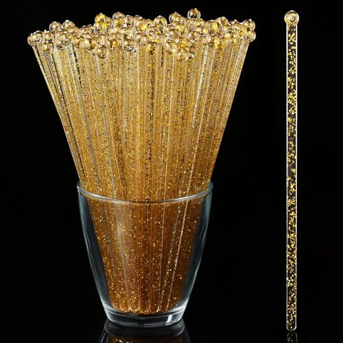 ALINK Gold Glitter Plastic Swizzle Sticks 50 Count, 7.24 Inch Cocktail & Cake Pop Stirrers