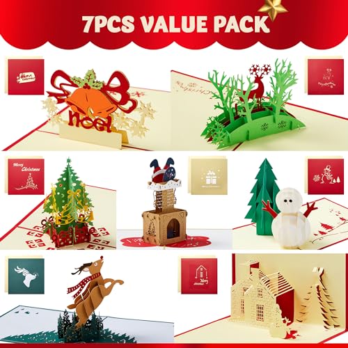 JOYIN 7 Pack 3D Christmas Greeting Cards with Envelopes - Festive Holiday Notes