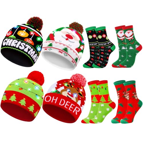 MGparty 8-Pack Christmas LED Beanie Hat and Socks Set