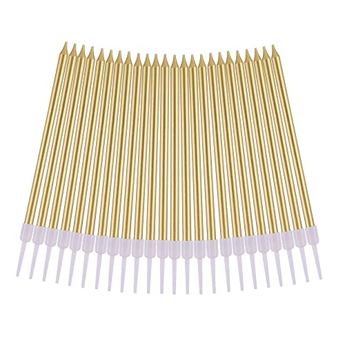 PHD CAKE Gold Long Thin Metallic Birthday Candles with Holders, 24 Pack