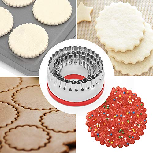 COOKIEQUE 4-Piece Fluted Round Metal Cookie Cutters Set with Red Top Handles