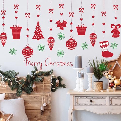 BYOCEW Merry Christmas Pine Tree Snowflake Wall Decals - Red