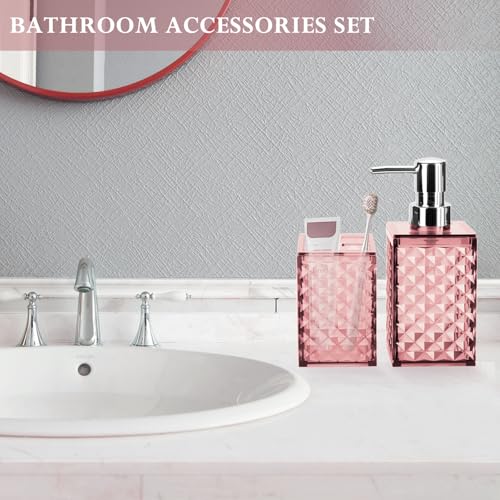 2-Piece Pink Bathroom Accessory Set, Diamond Pattern Soap Dispenser