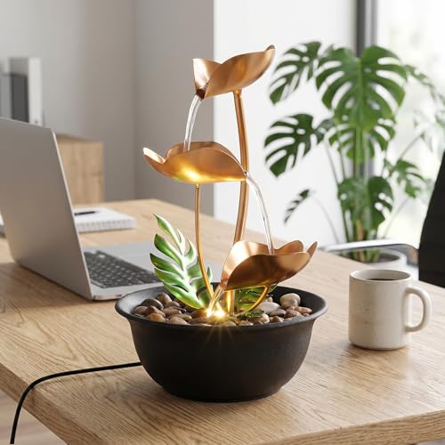 3-Tier Metal Tabletop Water Fountain with LED Light, 11-Inch Zen Decor