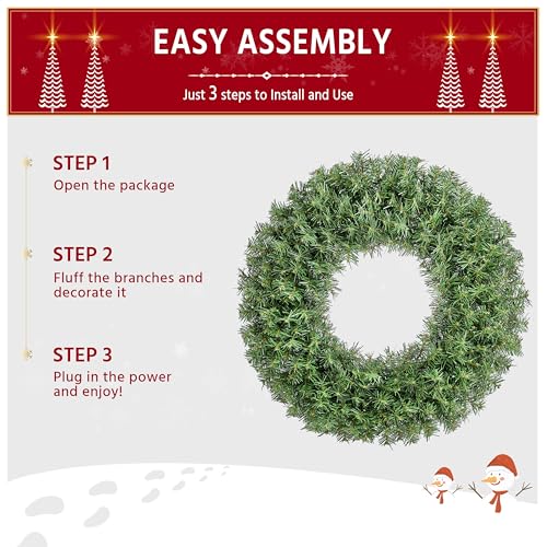 Yaheetech 30in Artificial Christmas Wreath with Pre-lit LED Lights & Red Bow - Holiday Decor