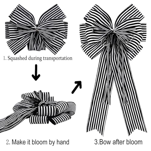 Black and White Striped Decorative Bows for Wreaths & Trees - 2 Pack, 12x20 In