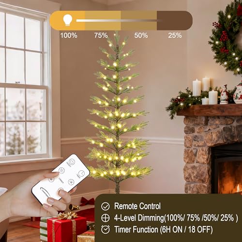 LIGHTSHARE 6FT Green Warm White Evergreen Pine Needle Christmas Tree with Ornaments, Remote & Dimmable, Holiday Decor