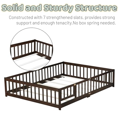 Queen Montessori Floor Bed with Safety Guardrails and Lockable Door