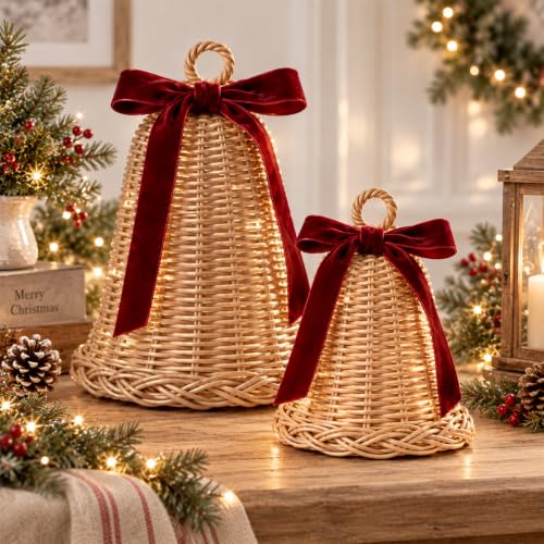Yookeer 2 Pack Large Wicker Rattan Christmas Bell Decor with Lights - Rustic Holiday Ornaments