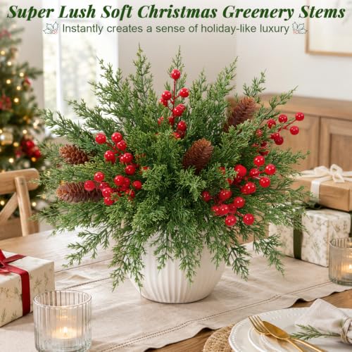 Livole 50 Pcs Christmas Greenery Stems with Red Berries & Pine Cones - Green, DIY Holiday Decor