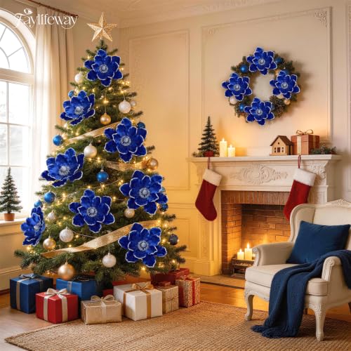 Blue 8PCS Large Christmas Magnolia Flower Decorations for Tree & Wreath