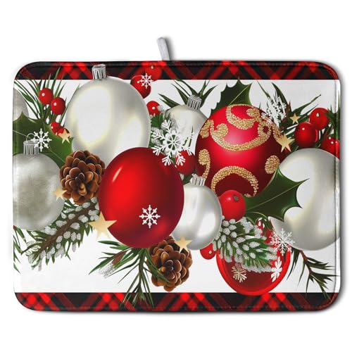 Kwlegh Christmas Buffalo Plaid Dish Drying Mat 18x24in - Reversible Microfiber Kitchen Pad