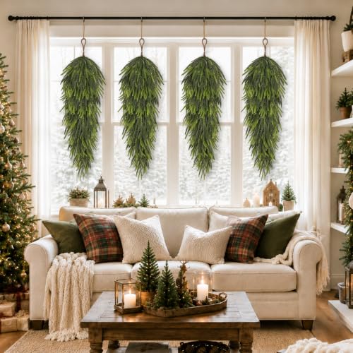 SpringTalk 35-inch Large Christmas Teardrop Swags, 4 Pack - Deep Green Norfolk Pine Holiday Decor